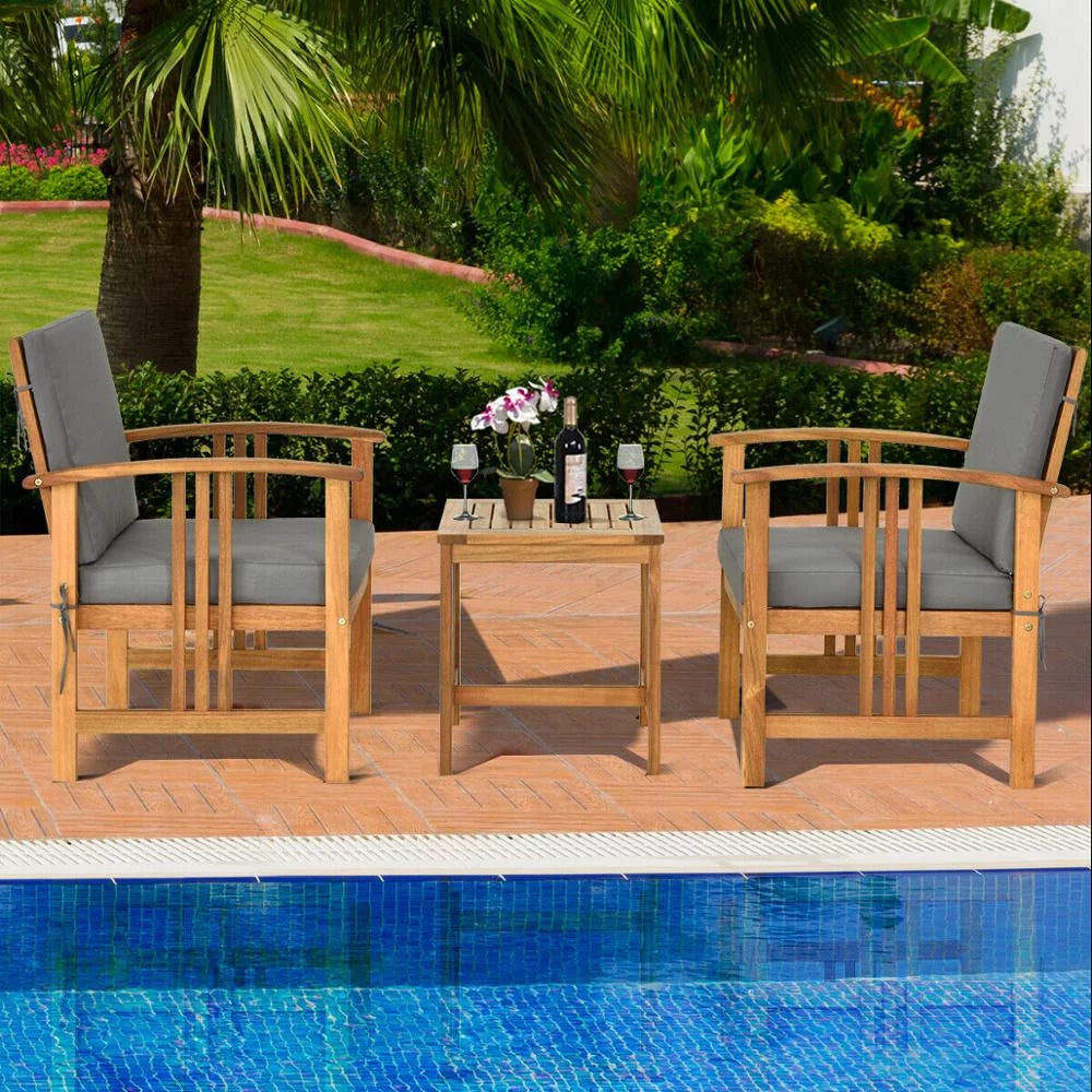 Grey 3PCS Solid Wood Cushioned Outdoor Sofa Set L6812