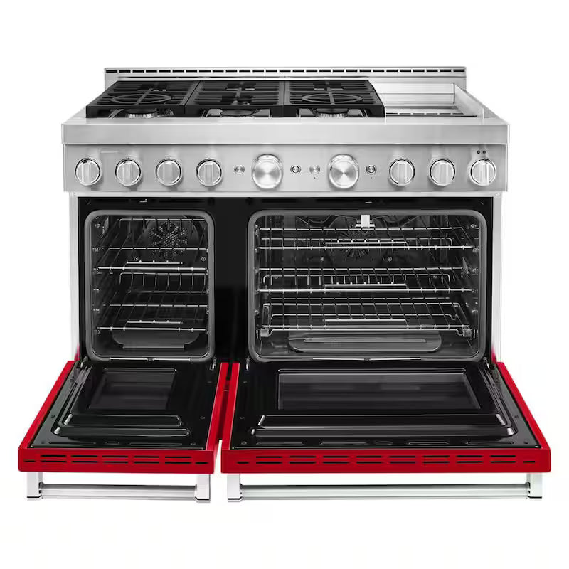 Passion Red Smart Double Oven Gas Range with Griddle P74048