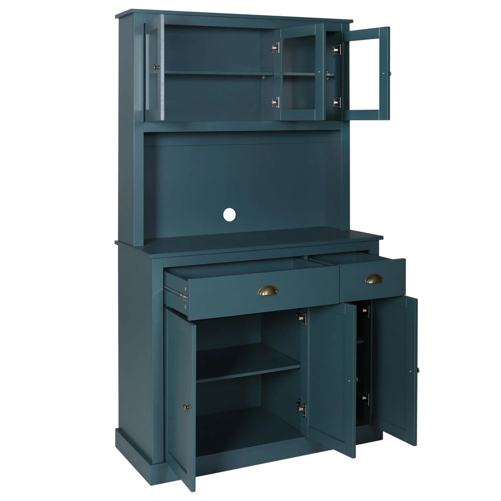 Blue Kitchen Pantry Storage Cabinet with Microwave Stand and Adjustable Shelves E965458
