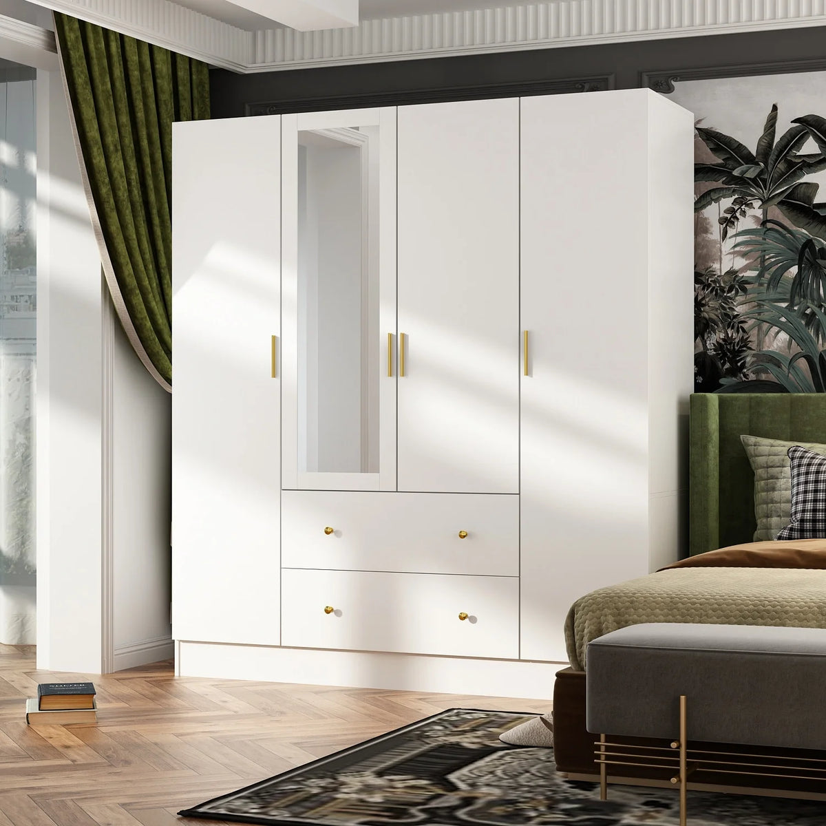 White Wooden Armoire with Mirror R445204