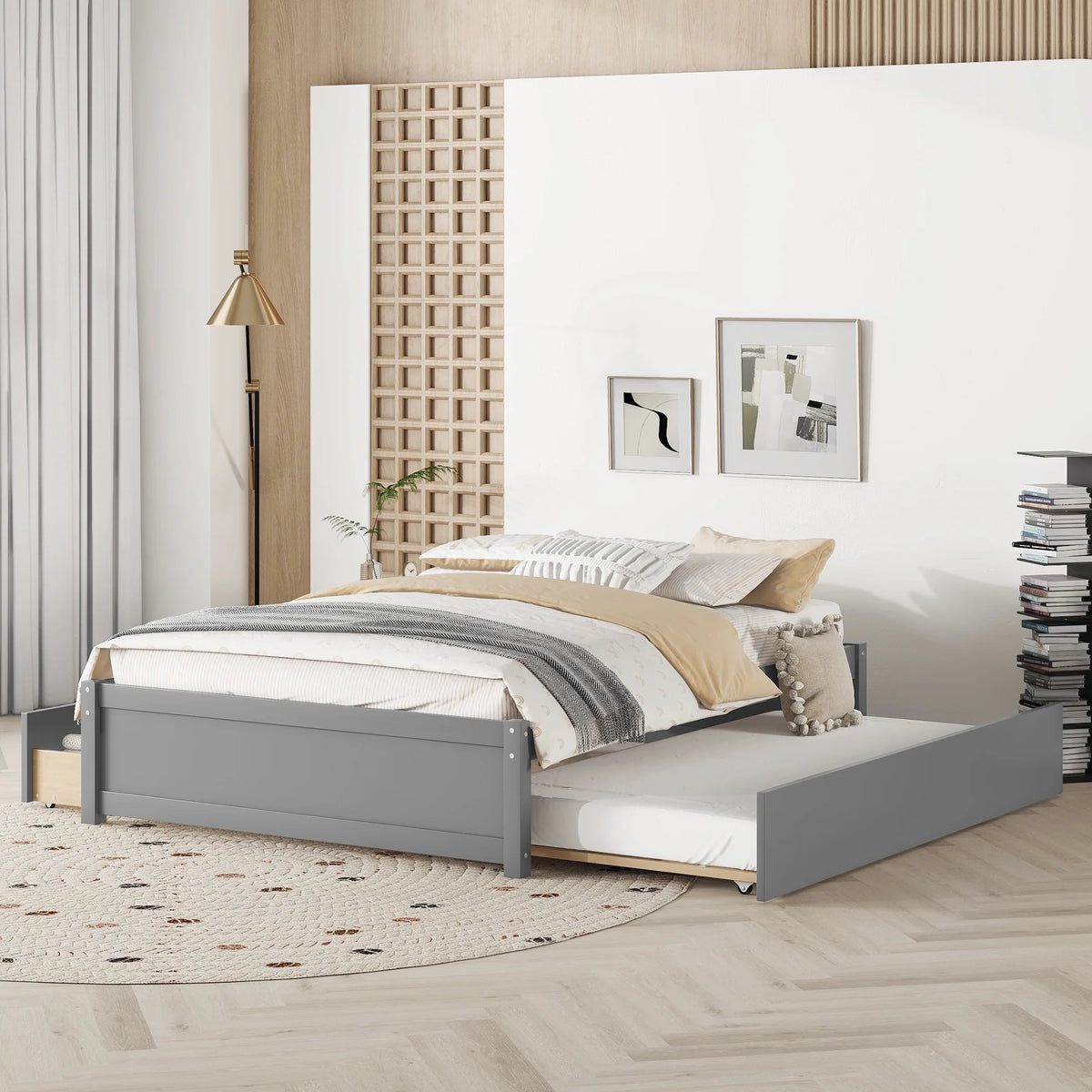 Beige Queen Size Upholstered Platform Bed Frame with Wooden Slats X91000