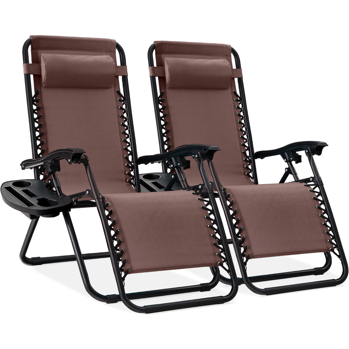 Set of 2 Brown Zero Gravity Lounge Chair Recliners with Cup Holder Tray Y4248