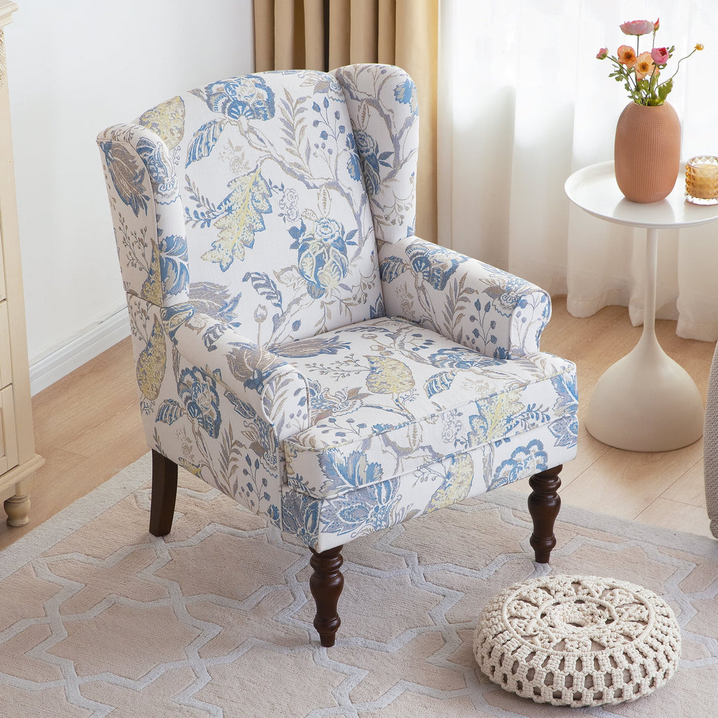 Blue Floral Pattern Fabric Wingback Accent Chair with Wooden Legs L997503