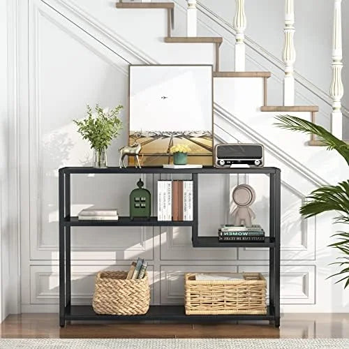 Black Console Table with Shelves W4880