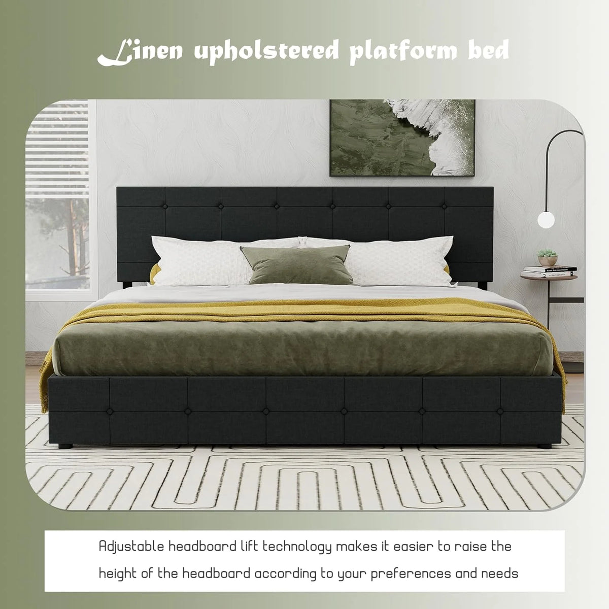 Linen Upholstered Queen Size Platform Bed Frame with 4 Storage Drawers O130761