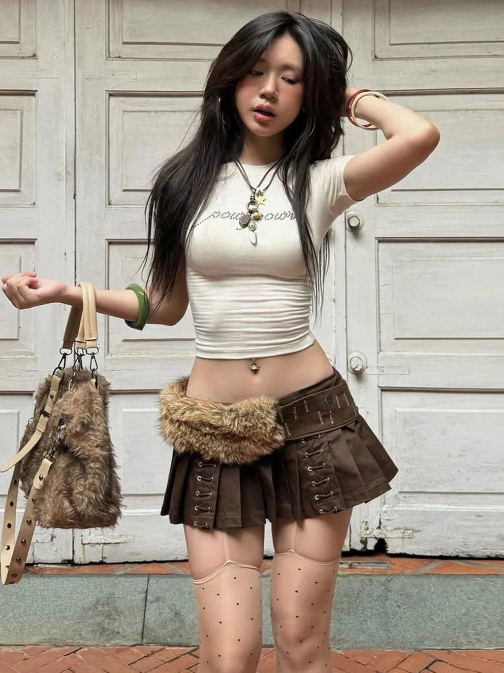 Lace Up Fur Belt Mini Skirt Q31785
