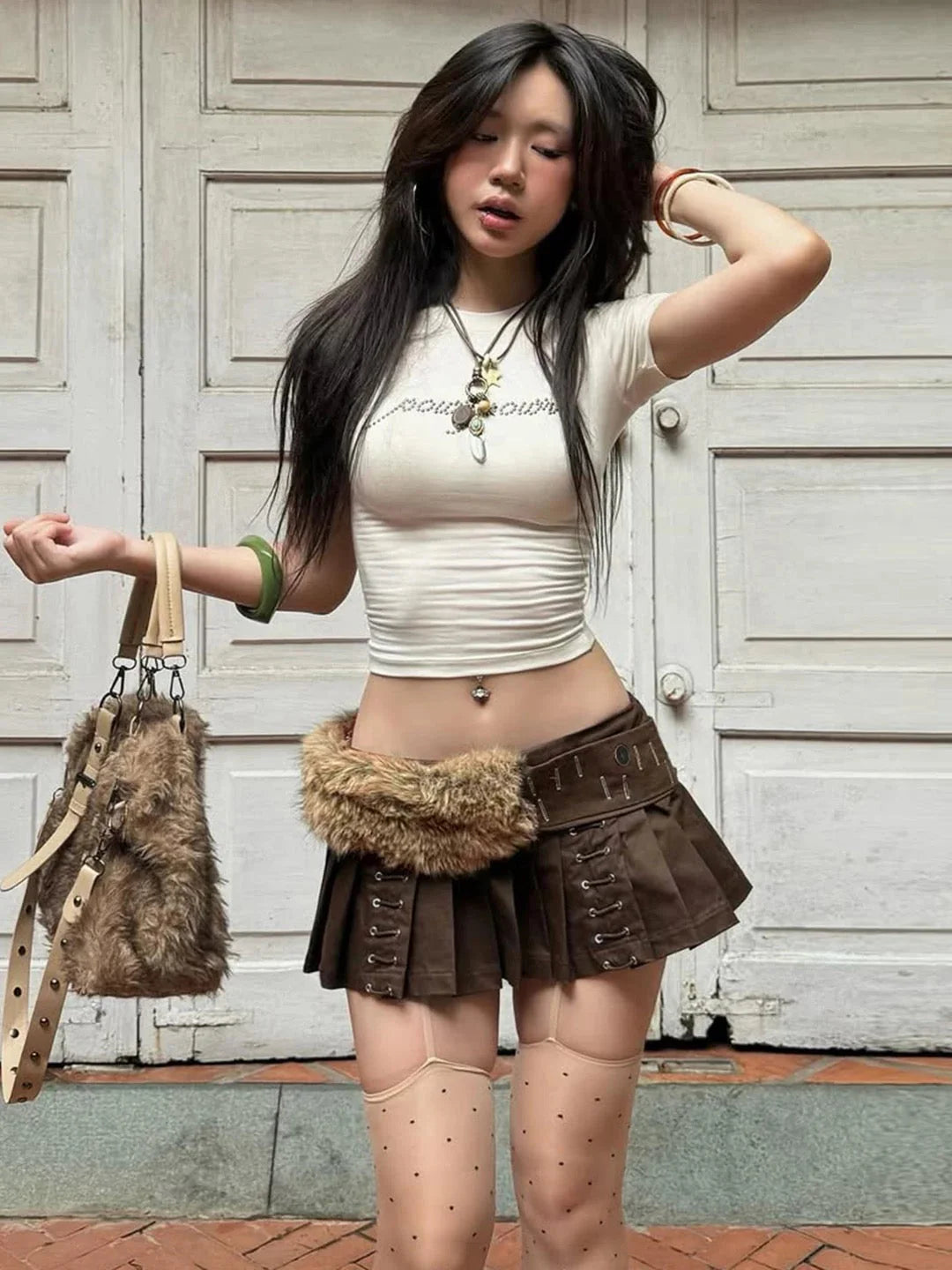 Lace Up Fur Belt Mini Skirt Q31785