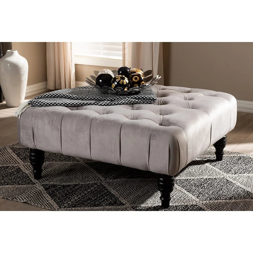 Grey Velvet Button Tufted Cocktail Ottoman Y80666