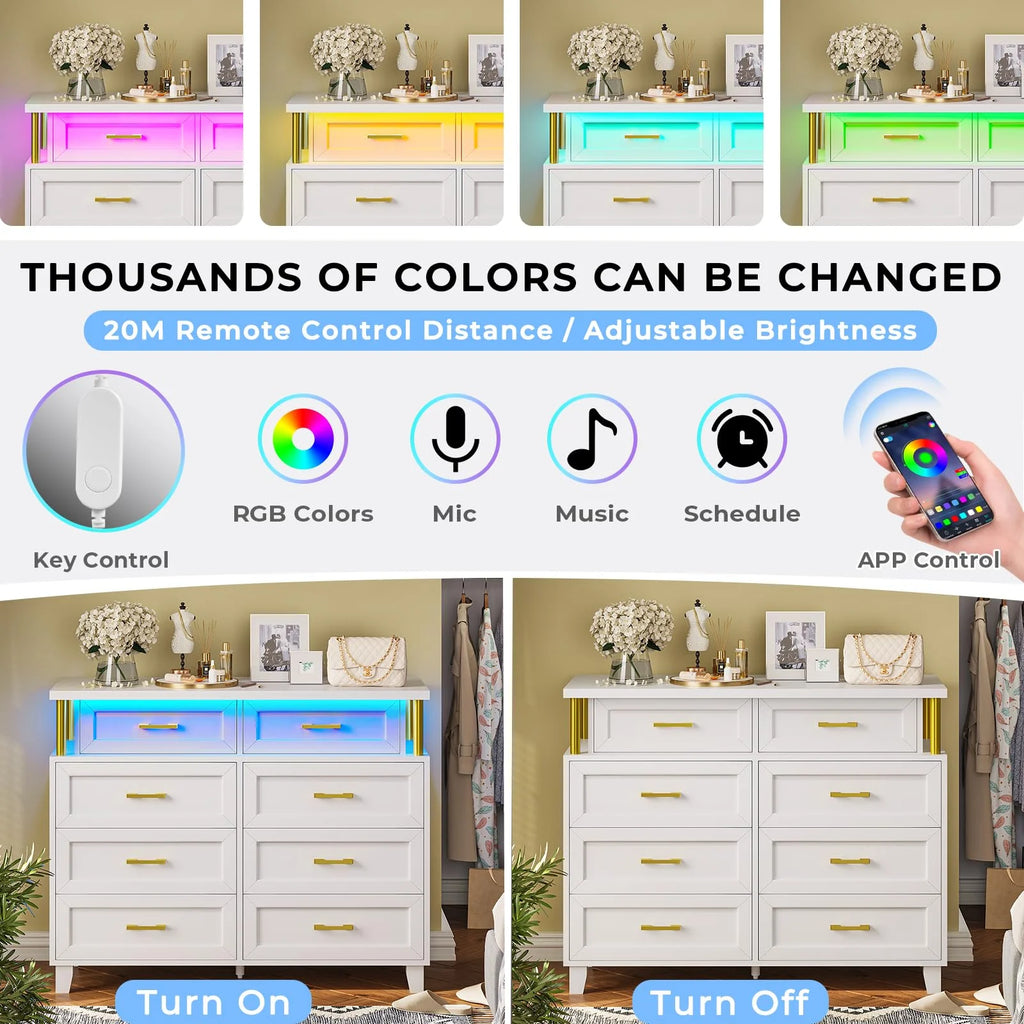 White 8 Drawer Dresser with LED Light A7294