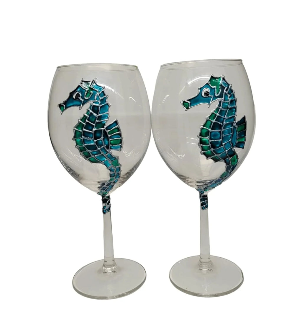 Blue Green Hand Painted Wine Glasses Set Of 2 T934