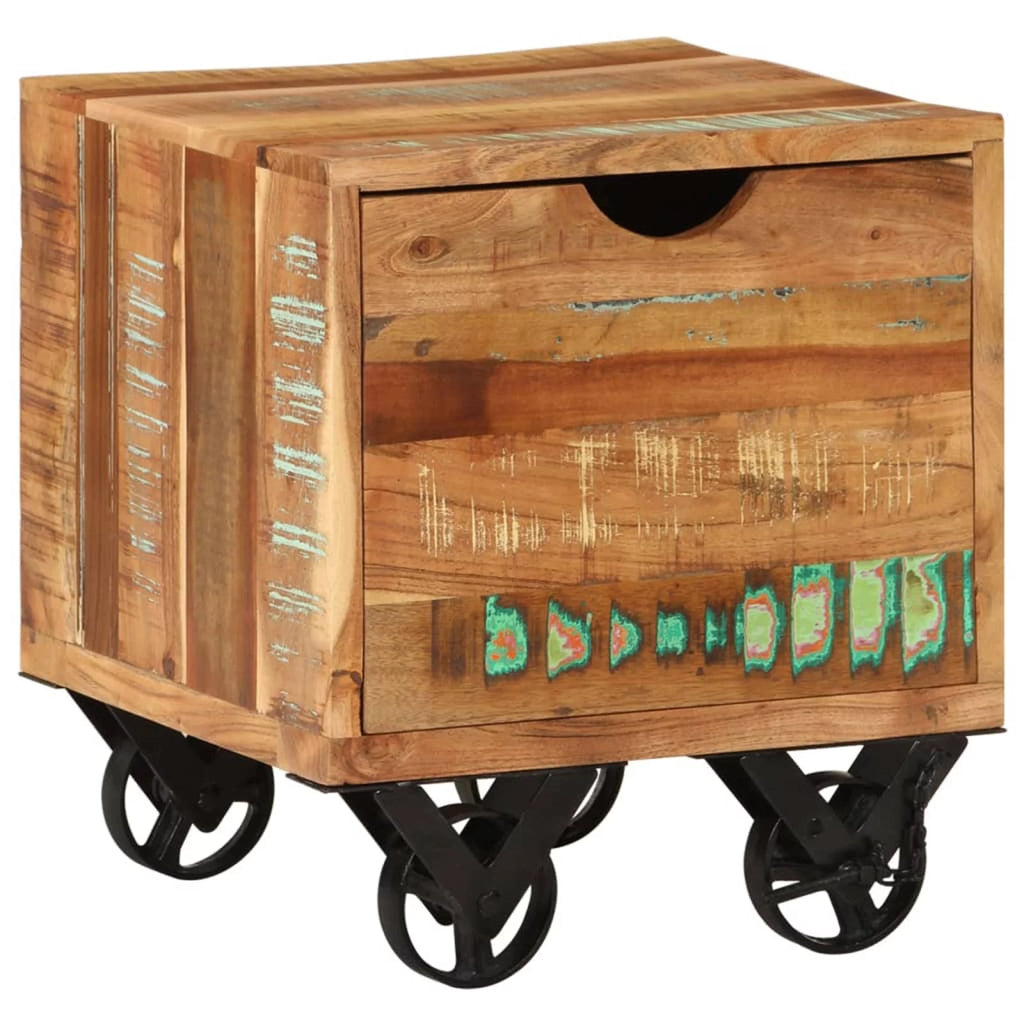 Side Table with Storage Drawer and Wheels Reclaimed Wood K485791