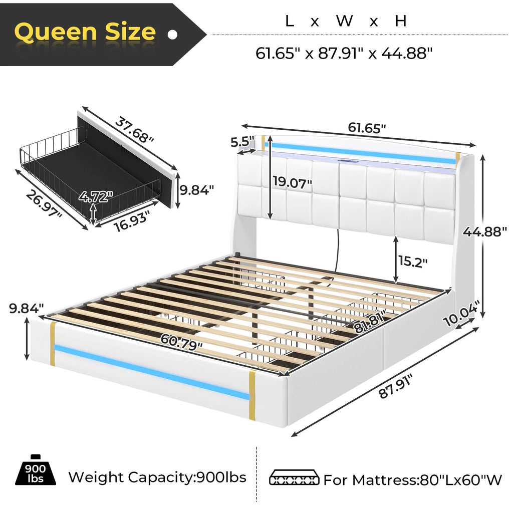 Queen Bed Frame with LED Lights and Charging Station, Upholstered Platform Bed Frame with Hidden Storage and 4 Drawers, Black T81312