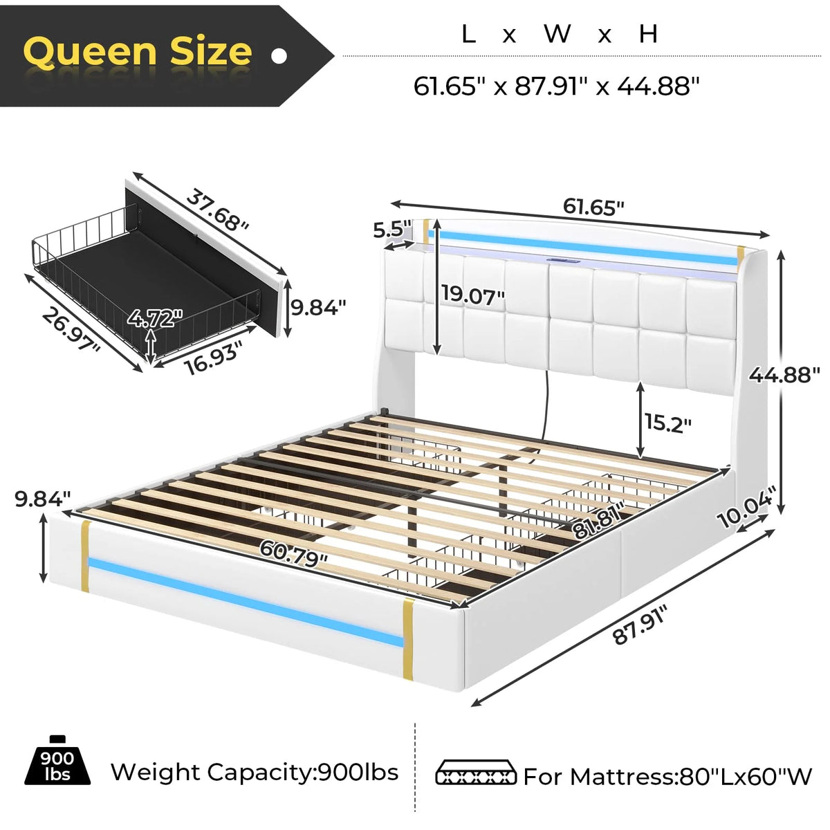 Queen Bed Frame with LED Lights and Charging Station, Upholstered Platform Bed Frame with Hidden Storage and 4 Drawers, Black T81312