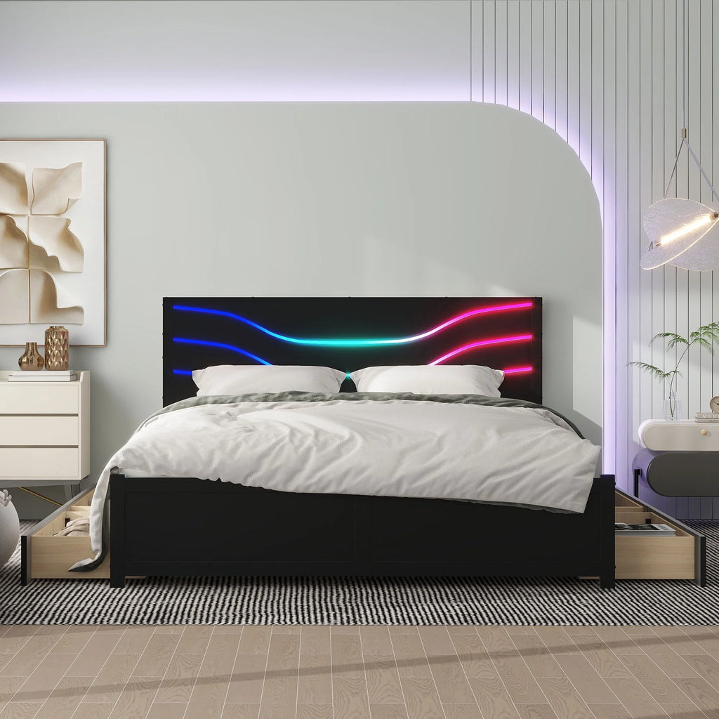 Queen Size Platform Bed with LED Light and 4 Storage Drawers T49619