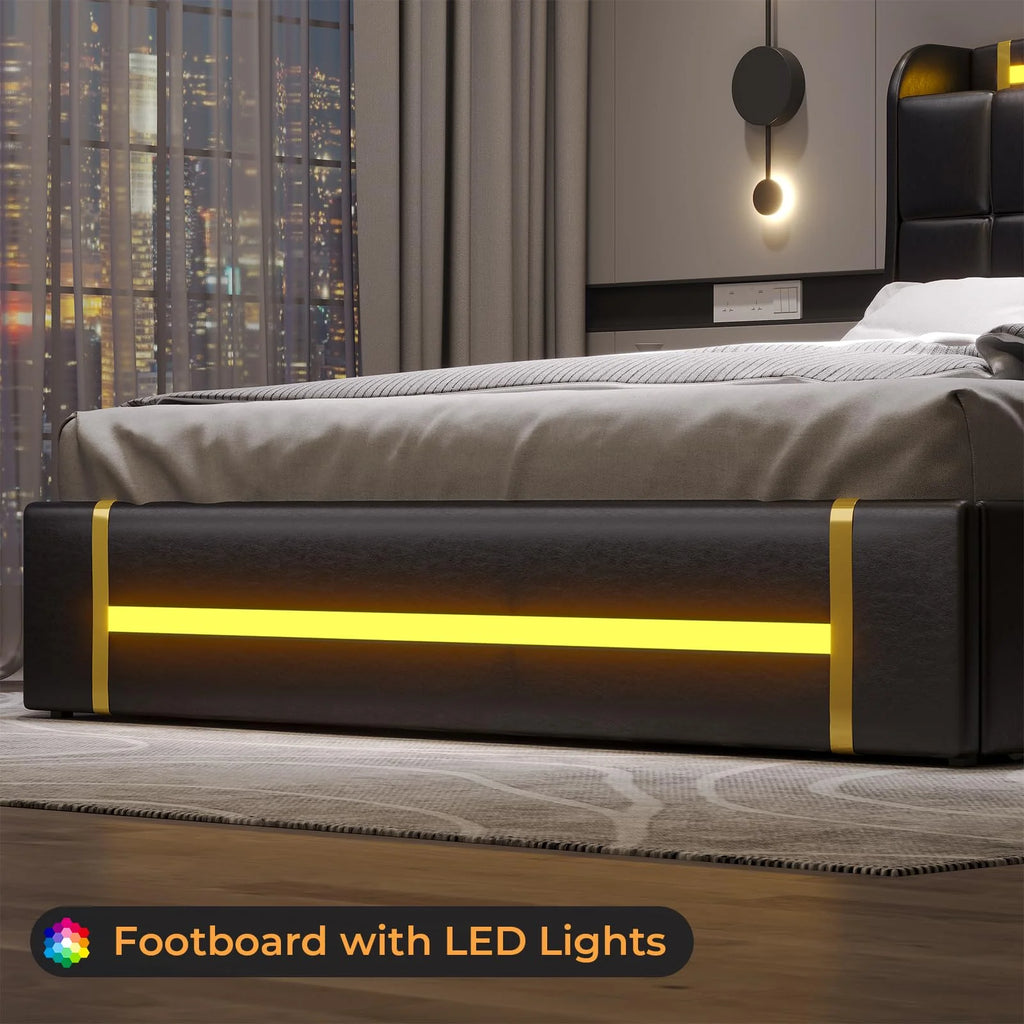 Queen Bed Frame with LED Lights and Charging Station, Upholstered Platform Bed Frame with Hidden Storage and 4 Drawers, Black T81312
