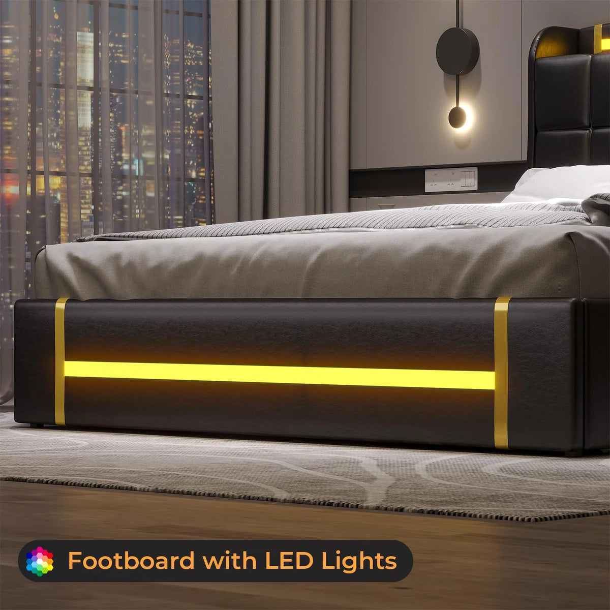 Queen Bed Frame with LED Lights and Charging Station, Upholstered Platform Bed Frame with Hidden Storage and 4 Drawers, Black T81312