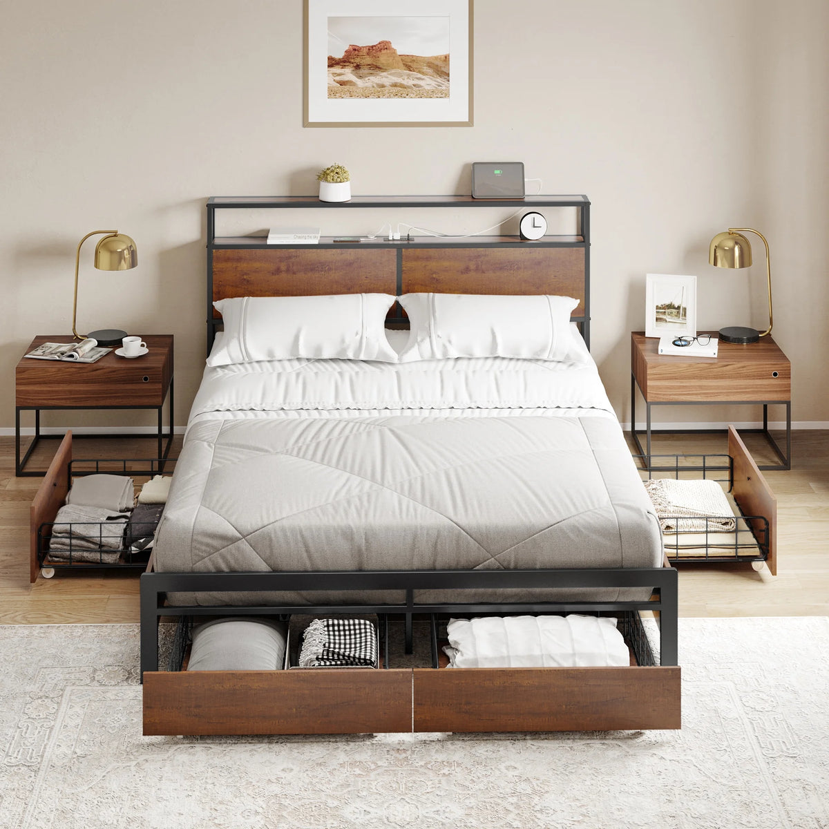Queen Size Bed Frame with Headboard 4 Drawers LED Charging Station Z5834