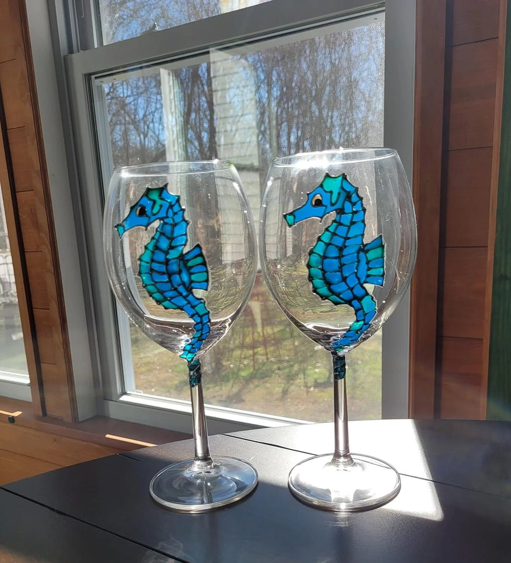 Blue Green Hand Painted Wine Glasses Set Of 2 T934