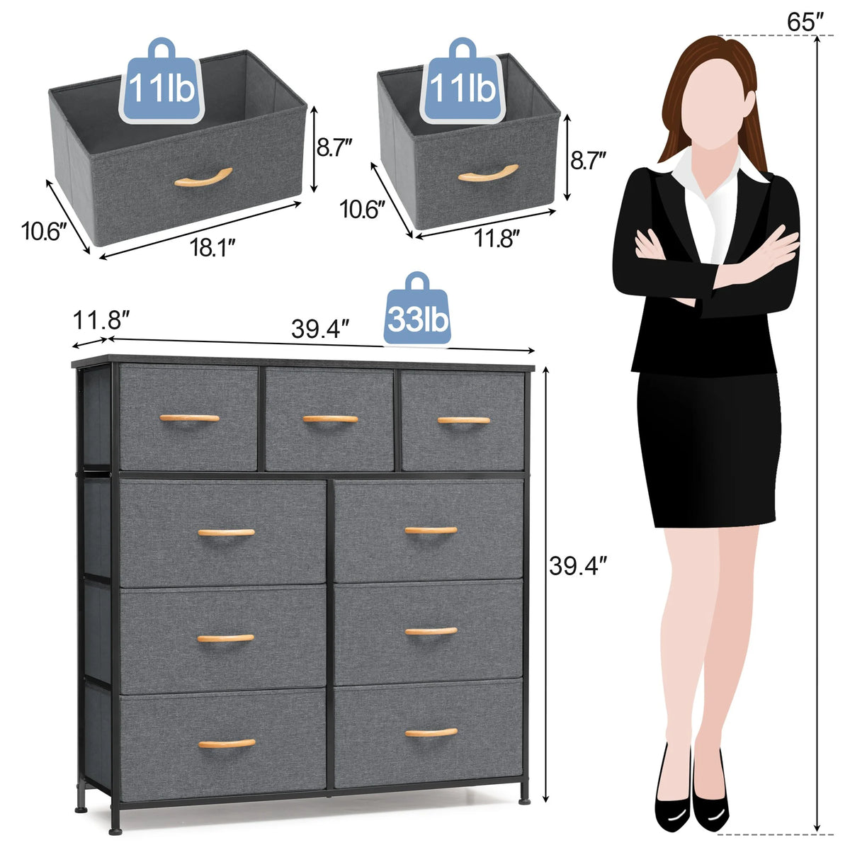 Gray 9 Drawer Dresser Storage Tower T2534
