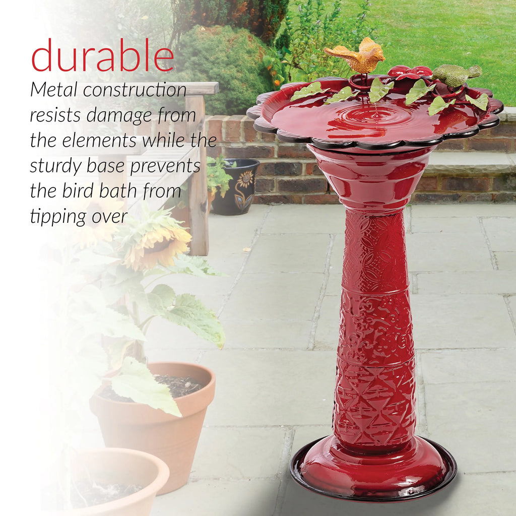 28-Inch Metal Bird Bath with Birds and Leaves, Red K93301