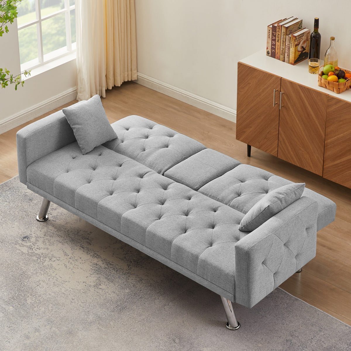 76 Inch Green Linen Convertible Futon Sofa Bed with Cup Holders E85801