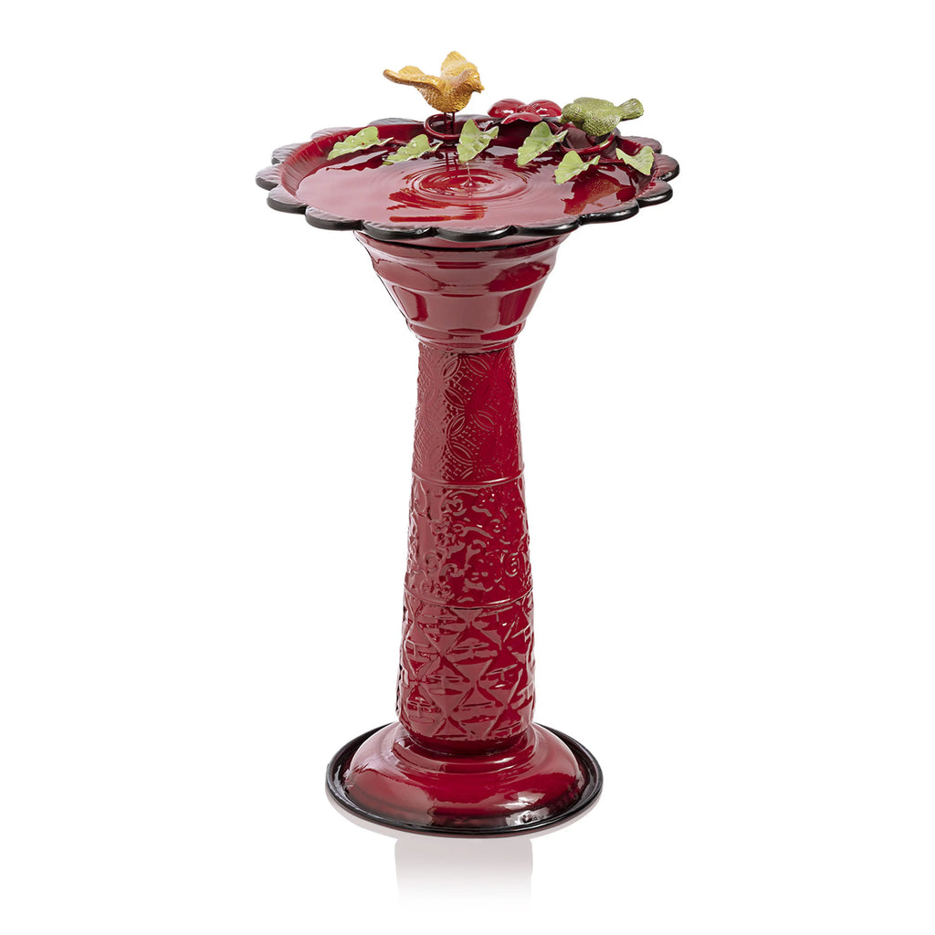 28-Inch Metal Bird Bath with Birds and Leaves, Red K93301