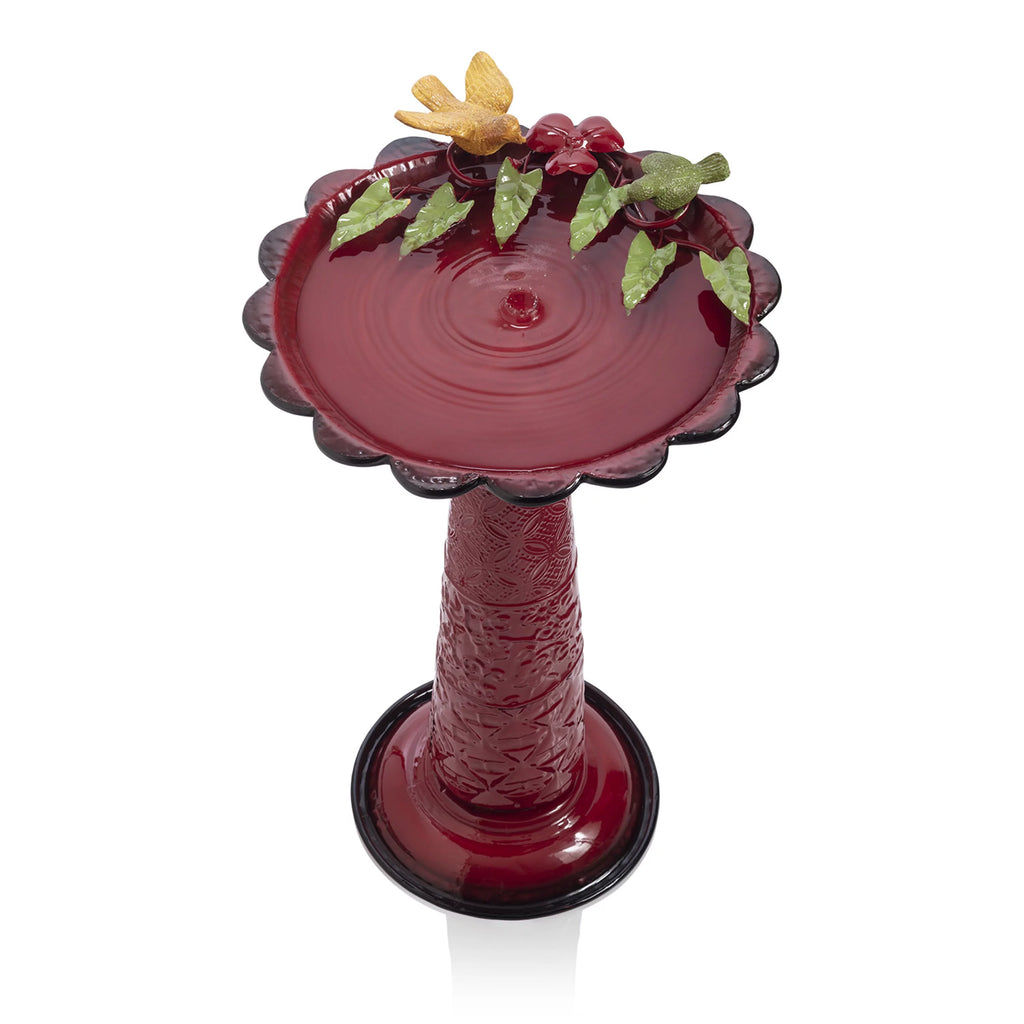 28-Inch Metal Bird Bath with Birds and Leaves, Red K93301