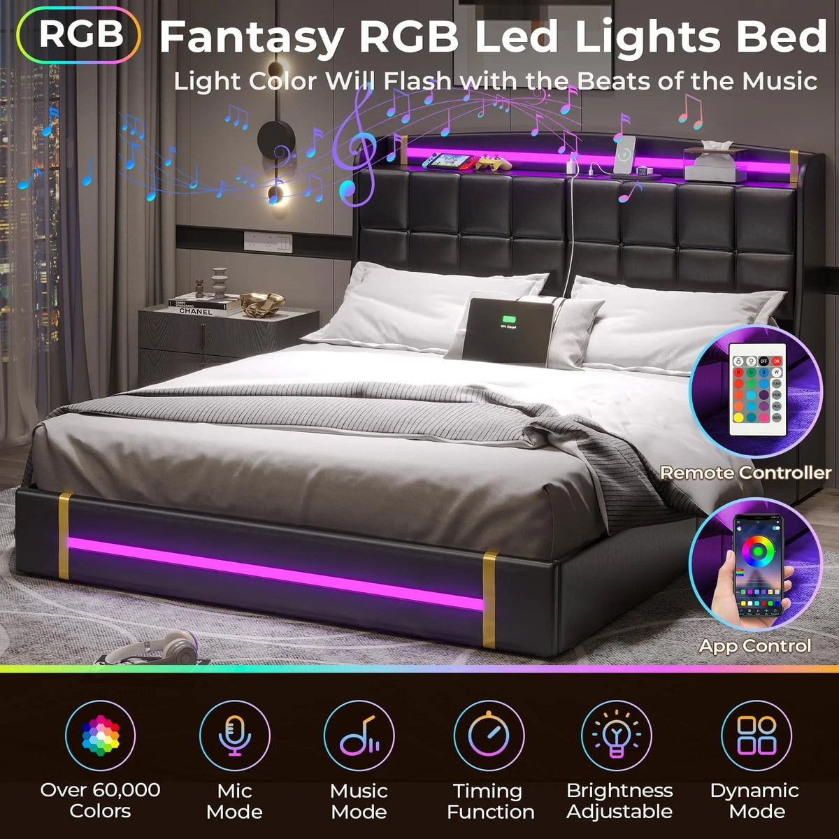 Queen Bed Frame with LED Lights and Charging Station, Upholstered Platform Bed Frame with Hidden Storage and 4 Drawers, Black T81312