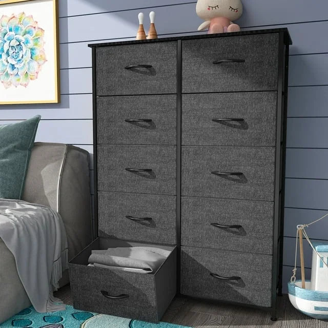 10 Drawer Black Grey Fabric Dresser E8082