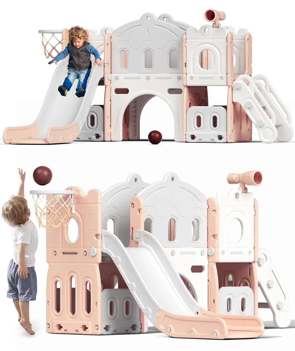 8 in 1 Toddler Slide with Climber and Basketball Hoop J19698
