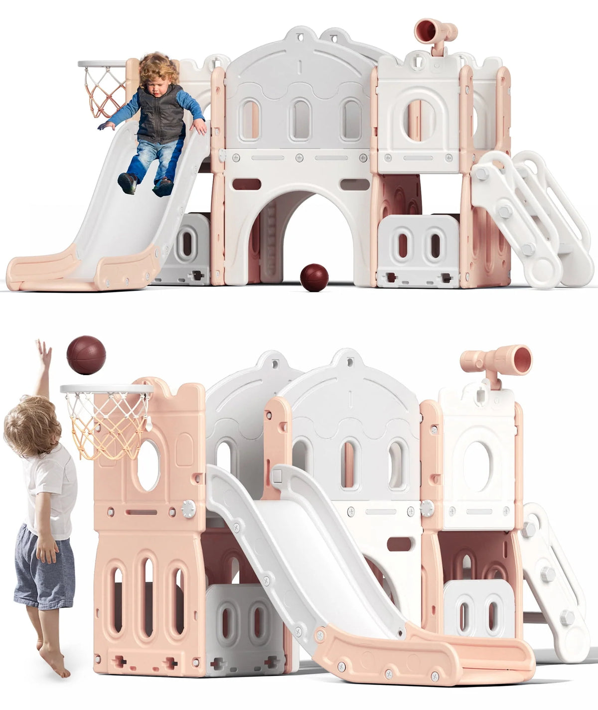 8 in 1 Toddler Slide with Climber and Basketball Hoop J19698