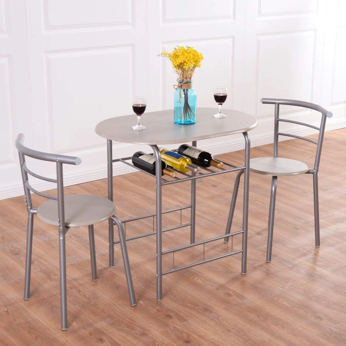 3 Piece Dining Table & Chair Set with Wine Rack Storage Shelf P9625