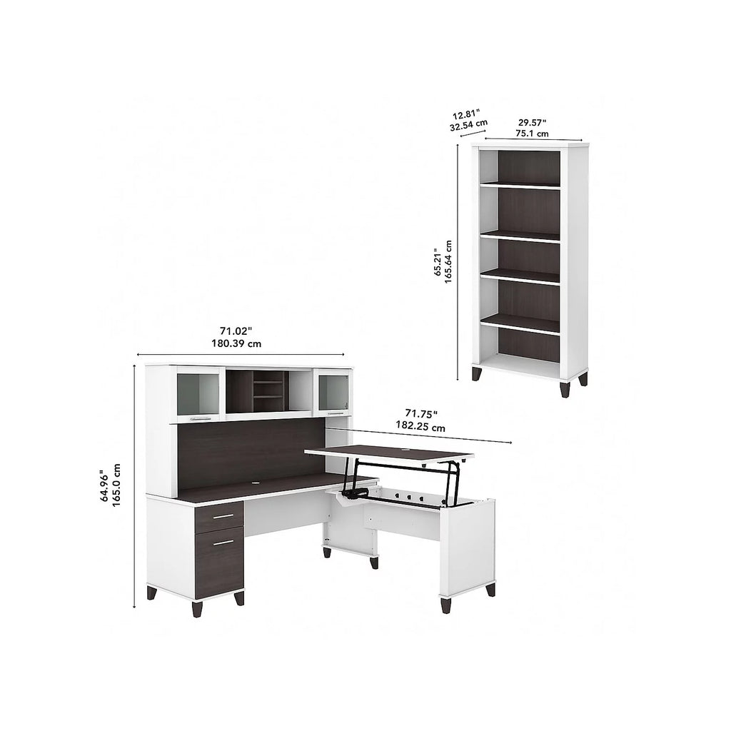 White/Gray Engineered Wood Sit to Stand L Desk Set with Bookcase B797226