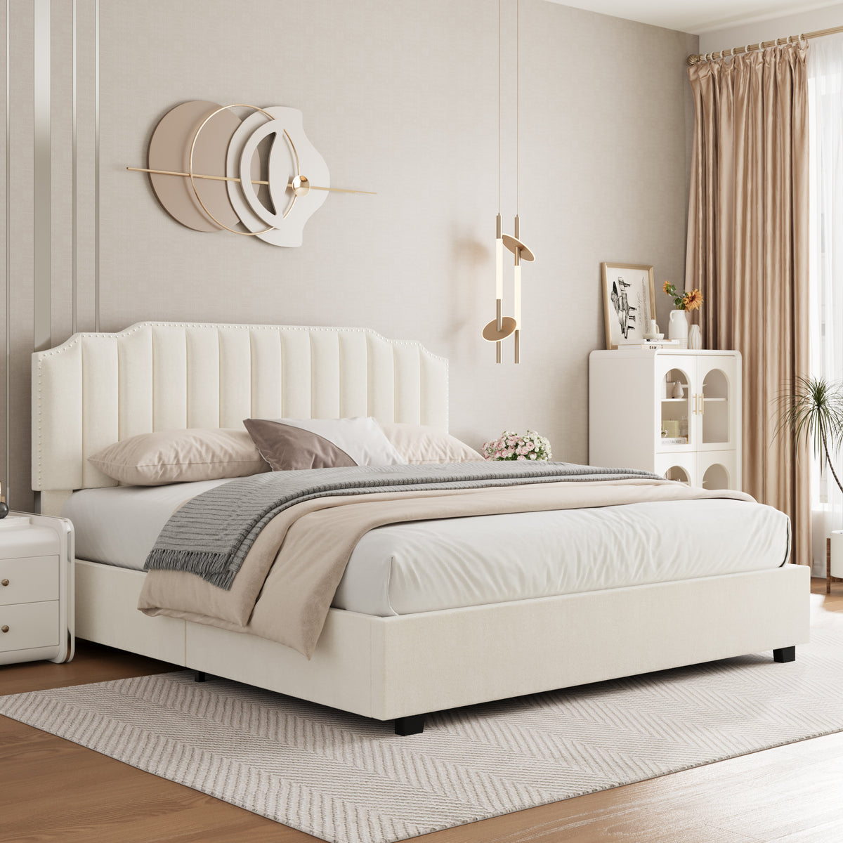 Beige Velvet Queen Bed with Underbed Storage O6782