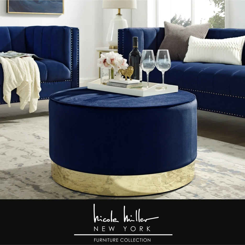 Leather or Velvet Cocktail Ottoman with Chrome or Gold Trim Base Y627