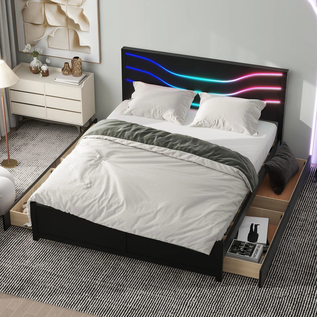 Queen Size Platform Bed with LED Light and 4 Storage Drawers T49619