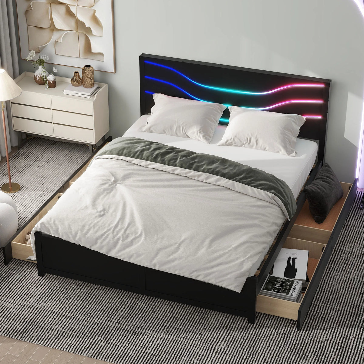 Queen Size Platform Bed with LED Light and 4 Storage Drawers T49619