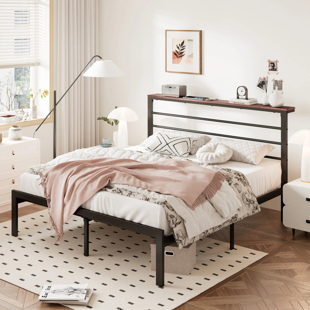 Queen Size Metal Platform Bed Frame with Shelf Headboard K4671