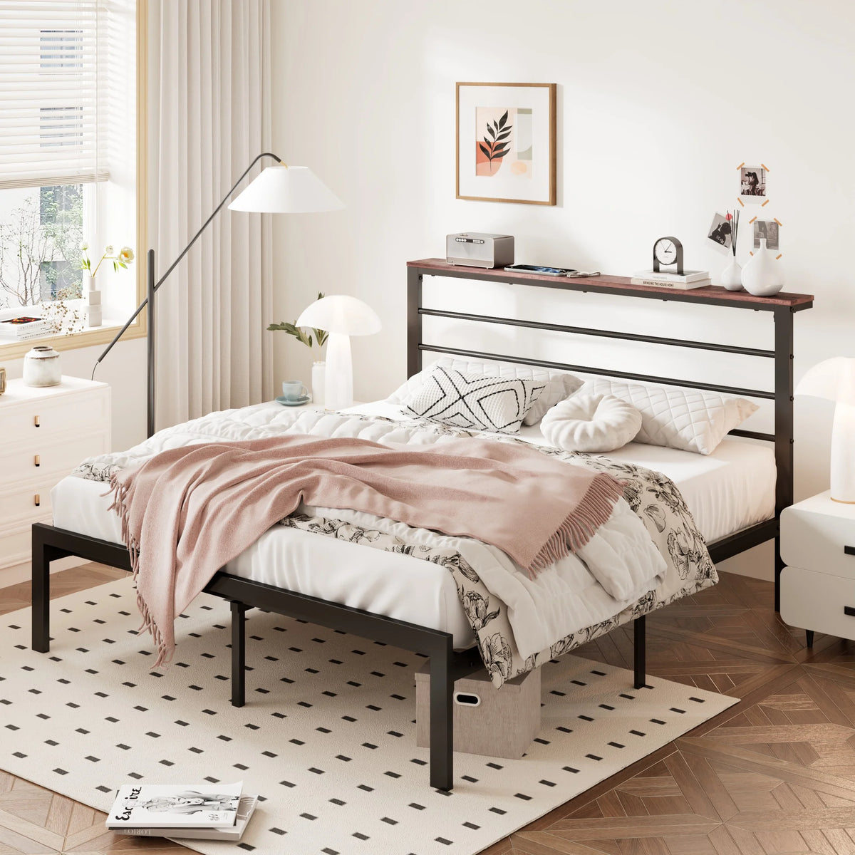 Queen Size Metal Platform Bed Frame with Shelf Headboard K4671