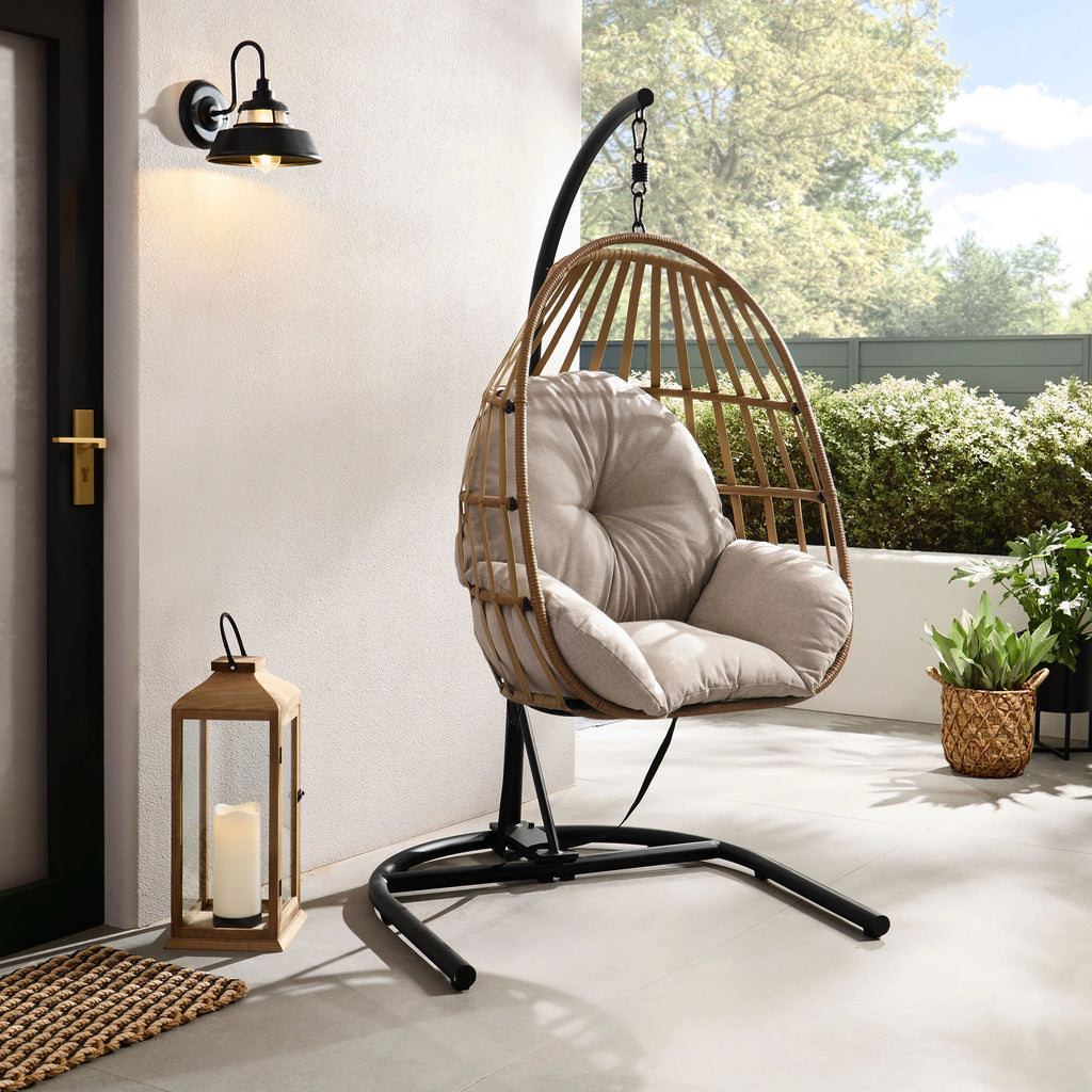 Wicker Outdoor Hanging Egg Chair with Beige Cushion and Black Metal Stand M167457