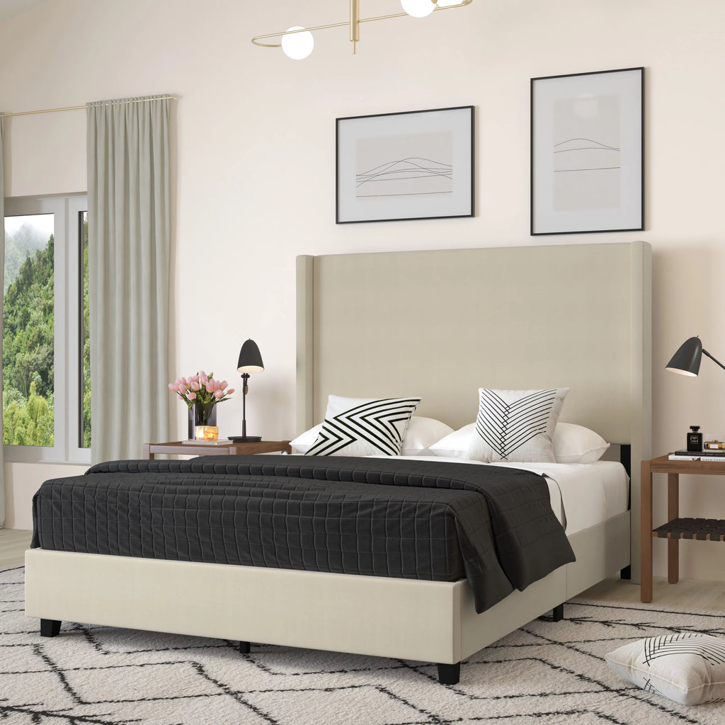 Queen Size Beige Faux Linen Upholstered Platform Bed Frame Y3270