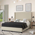 Queen Size Beige Faux Linen Upholstered Platform Bed Frame Y3270