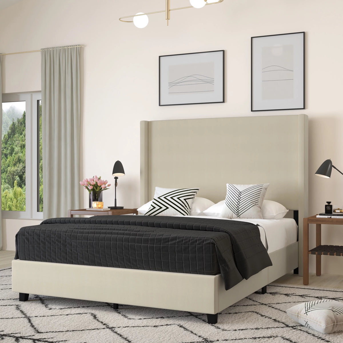 Queen Size Beige Faux Linen Upholstered Platform Bed Frame Y3270