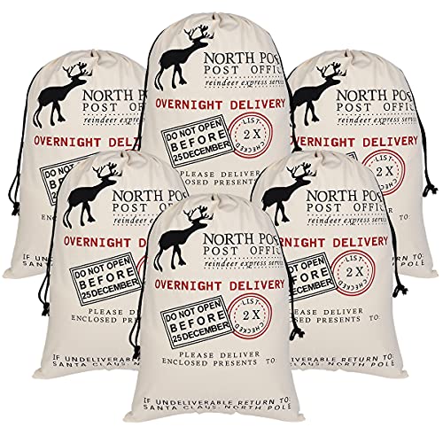6 Pack Large Canvas Cotton Christmas Bags with Drawstrings J137