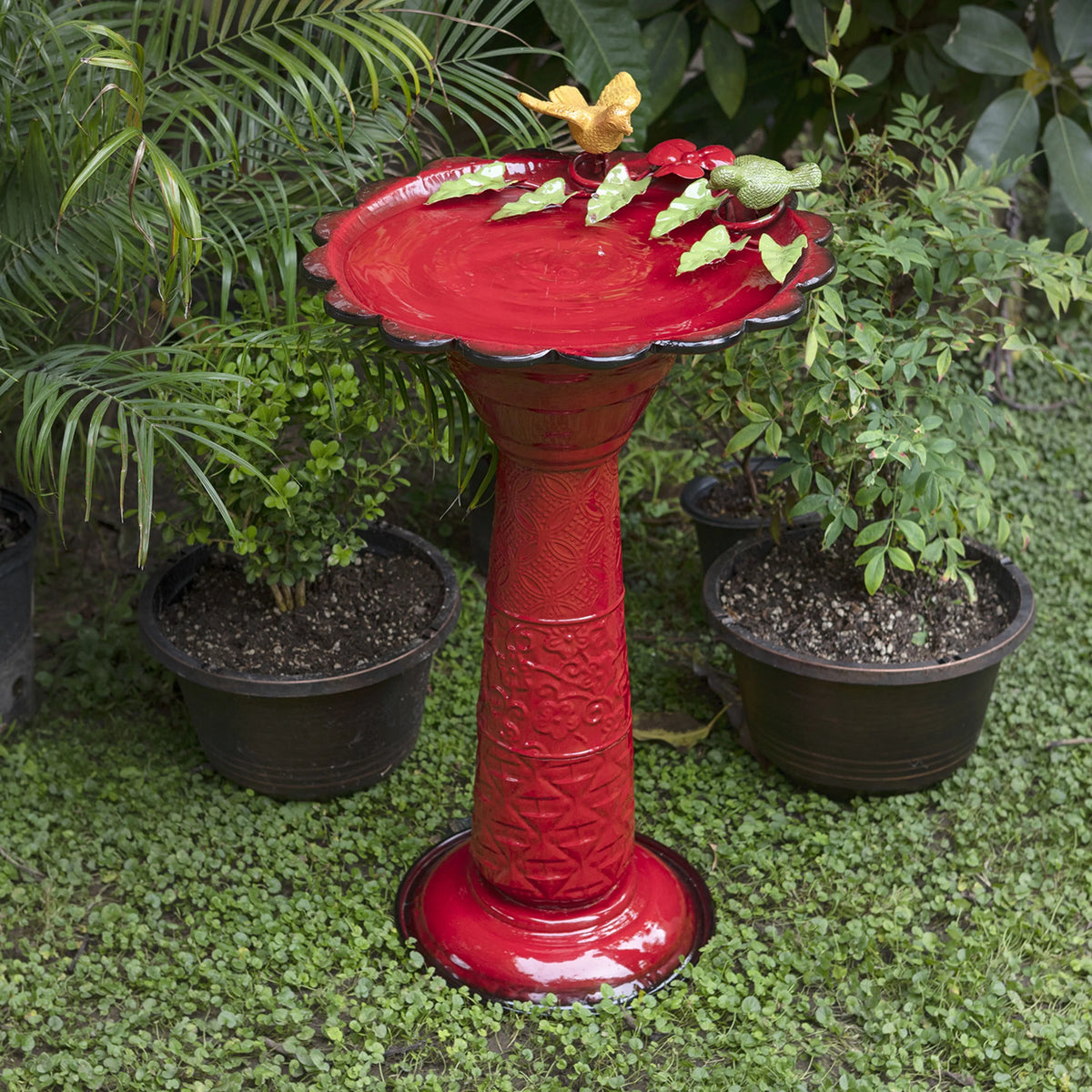 28-Inch Metal Bird Bath with Birds and Leaves, Red K93301