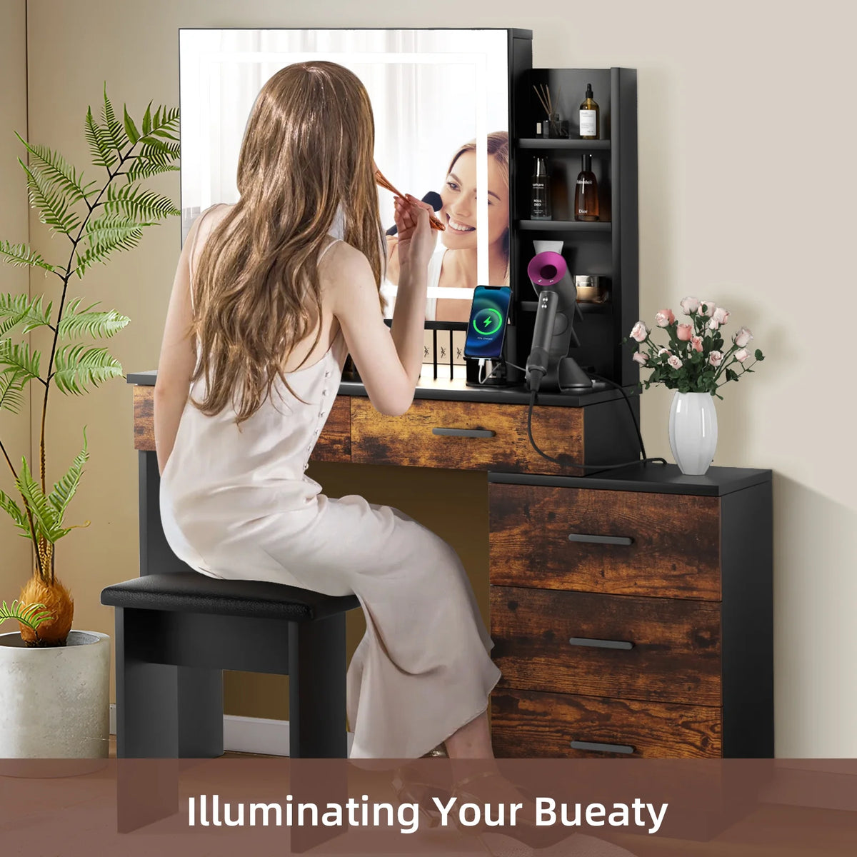 White Makeup Vanity Desk Set with Sliding Mirror and Lights Q3691