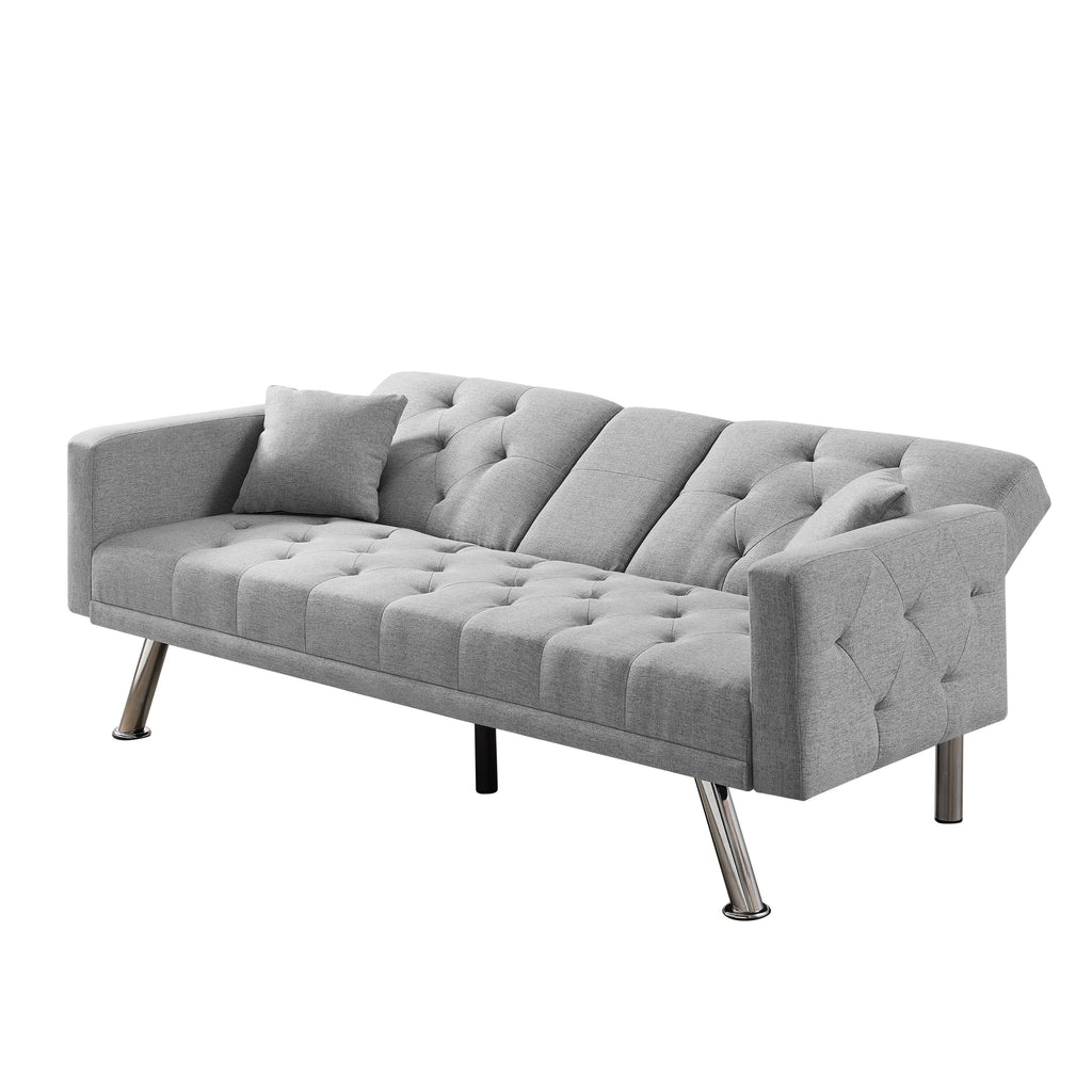 76 Inch Green Linen Convertible Futon Sofa Bed with Cup Holders E85801