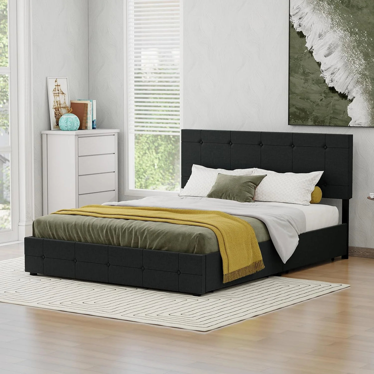Linen Upholstered Queen Size Platform Bed Frame with 4 Storage Drawers O130761