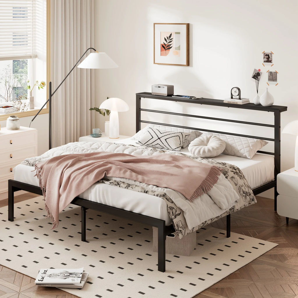 Queen Size Metal Platform Bed Frame with Shelf Headboard K4671