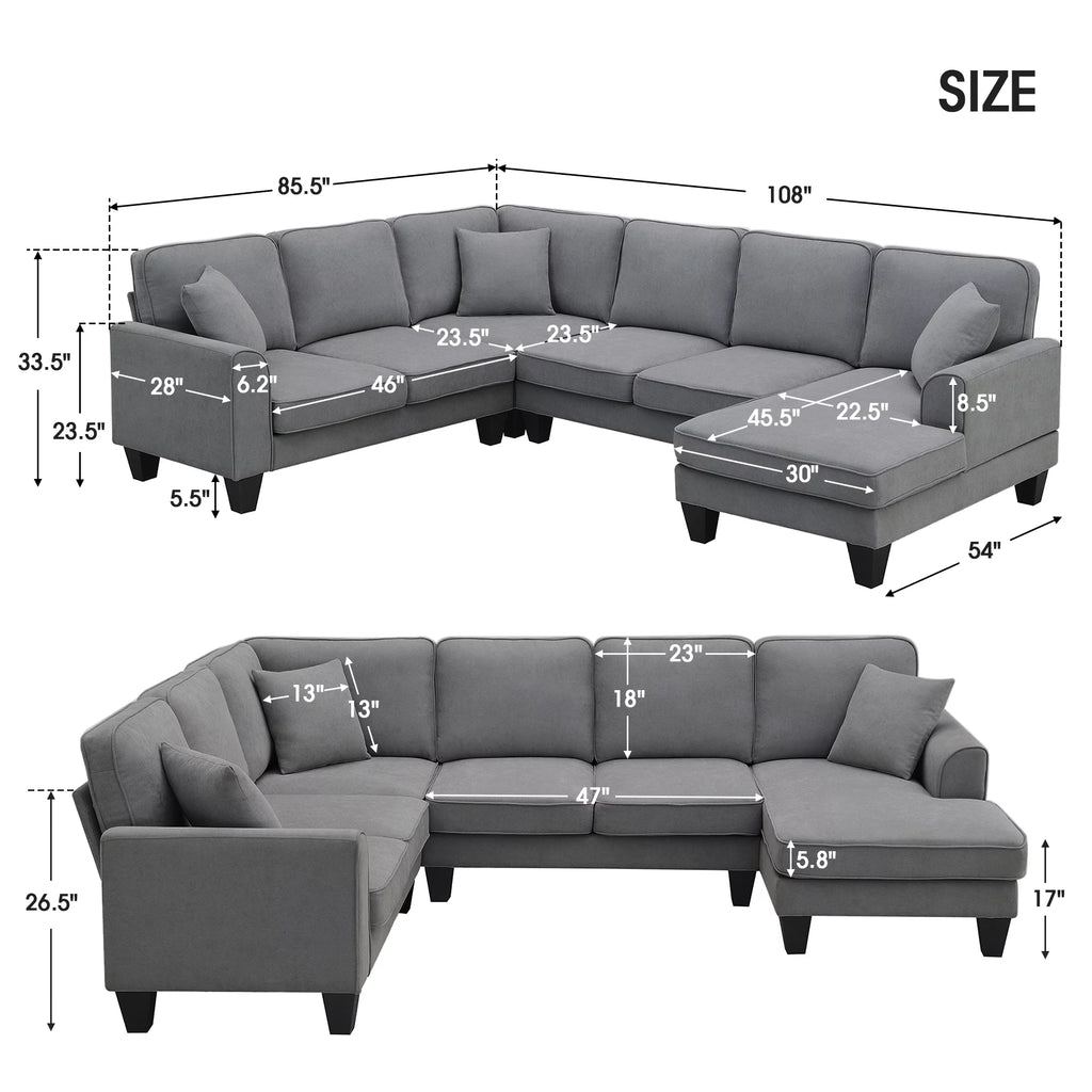 Dark Gray 7 Seat U Shape Sectional Sofa with 3 Pillows E75906